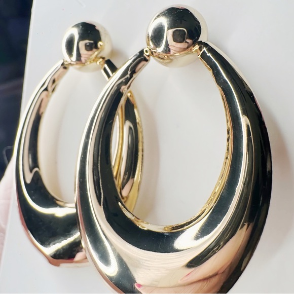 Gold Tone Drop Hoop Earrings - Picture 2 of 2